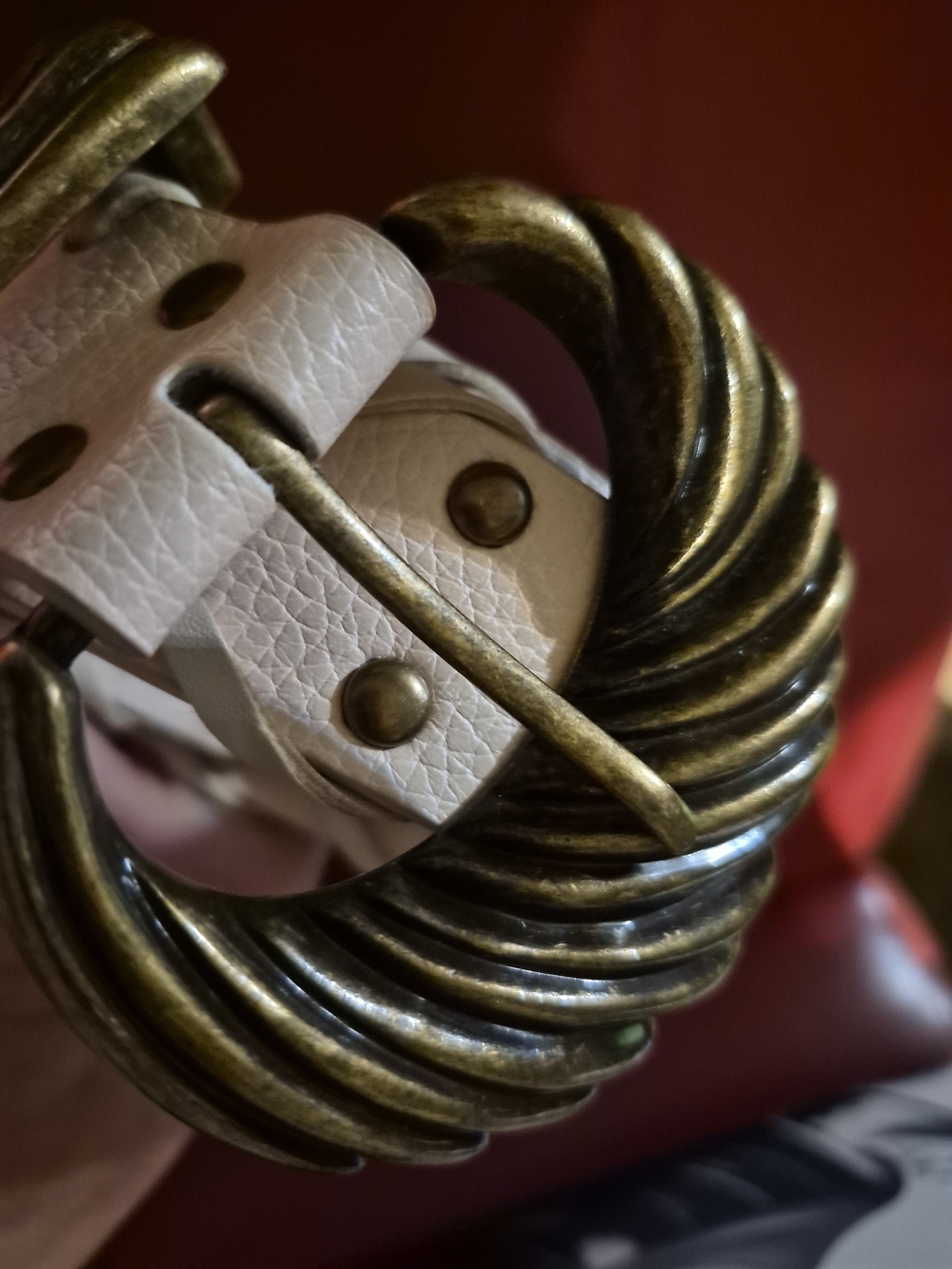 White Leather Belt with Antique Brass Twisted Buckle - Venus
